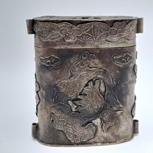 Vintage Dragon & Phoenix Asian Art Box Pendant, No Chain - Picture 2 of 9